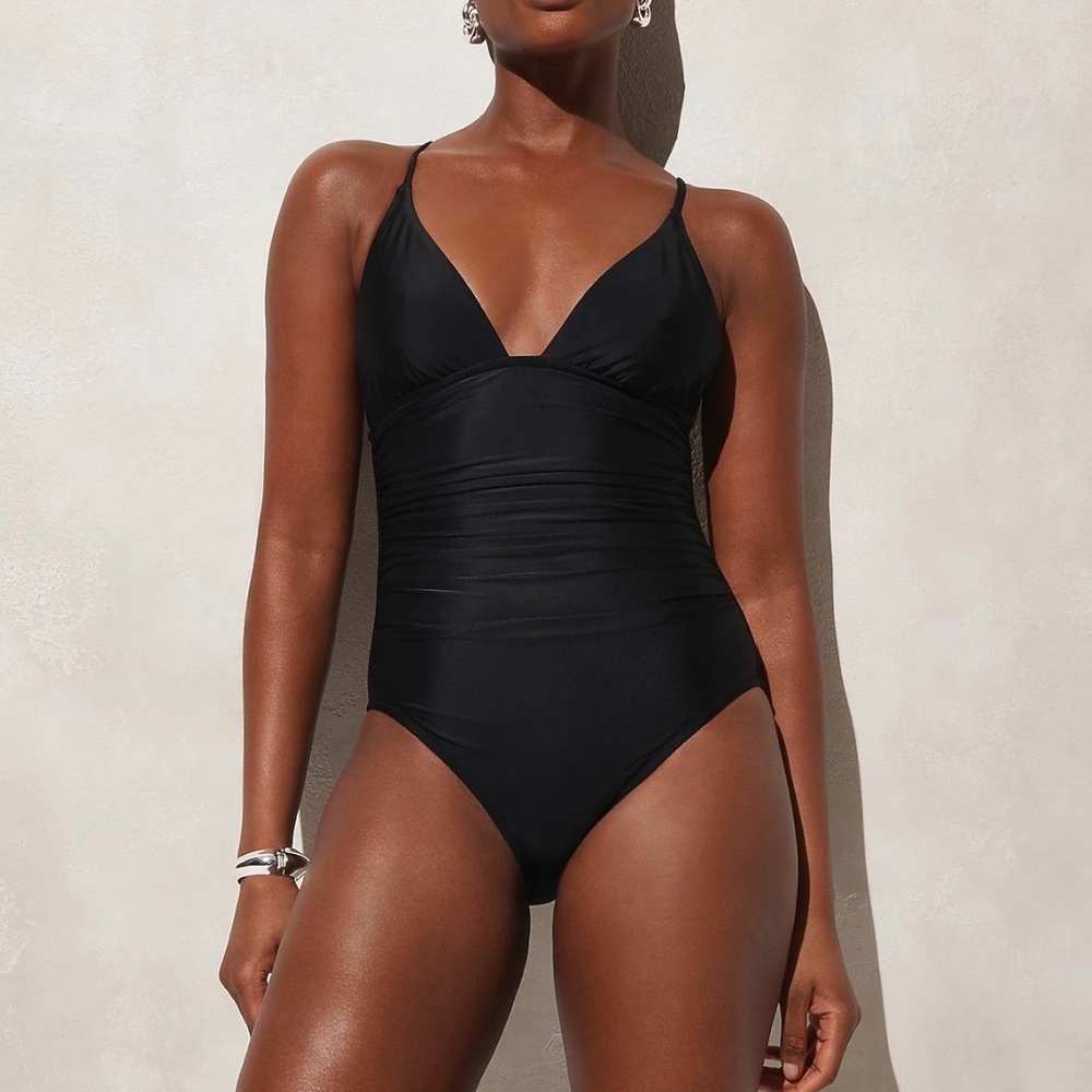 J. Crew Ruched Plunge One-Piece Swimsuit, Size 16, Black